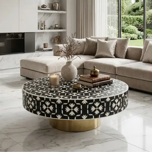 Bone Inlay Decorative Black Round Coffee Table in modern living room