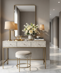 Bone Inlay Pale Grey 3 Drawer Vanity Table with matching stool for luxury bedroom