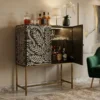 Bone Inlay Peacock Design Black Bar Cabinet with handcrafted peacock inlay