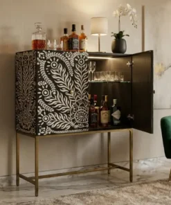 Bone Inlay Peacock Design Black Bar Cabinet with handcrafted peacock inlay