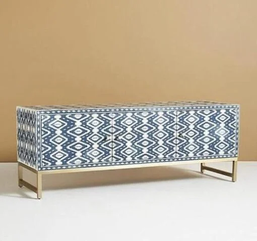 Navy Blue Bone Inlay Ikat Optical Media Console - Image 2