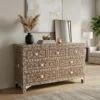 Bone Inlay Seven Drawer Brown Color Dresser in living room with sofa and home decor