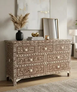 Bone Inlay Seven Drawer Brown Color Dresser in living room with sofa and home decor