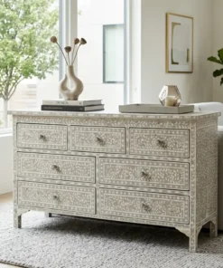 Handmade Grey Mother of Pearl Inlay 7 Drawer Chest Dresser for luxury bedrooms