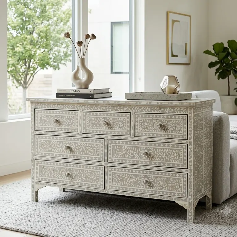 Handmade Grey Mother of Pearl Inlay 7 Drawer Chest Dresser for luxury bedrooms