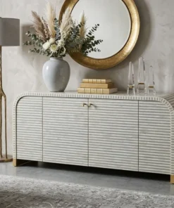 Bone inlay waterfall design buffet in luxury living room with flower vase and decor