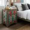 Moroccan Style Inlay Designer Nightstand with drawer placed in modern bedroom with decor items