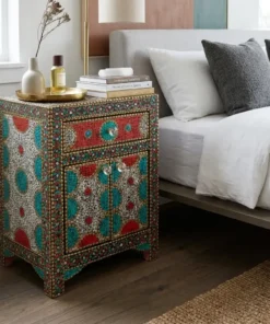 Moroccan Style Inlay Designer Nightstand with drawer placed in modern bedroom with decor items