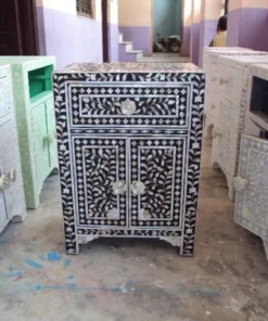 Alternative view of Mother of Pearl Inlay Bedside | Night Table | One Drawer 2 Door | Black Color