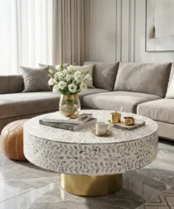 Mother of Pearl Inlay White Floral Round Coffee Table set up in modern living room with white flower vase and sofa set