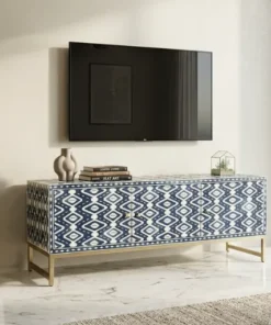Navy Blue Bone Inlay Ikat Optical Media Console for luxury living room furniture