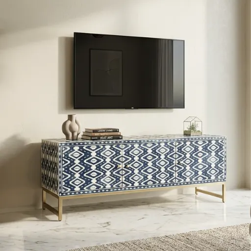 Navy Blue Bone Inlay Ikat Optical Media Console for luxury living room furniture
