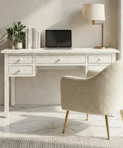 White Bone Inlay 5 Drawer Writing Desk with Floral Design