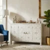 White Mother of Pearl Inlay Floral Sideboard 4-Doors place in luxury living rom blue sofa