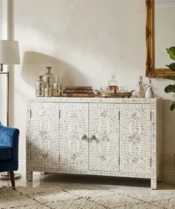 White Mother of Pearl Inlay Floral Sideboard 4-Doors place in luxury living rom blue sofa