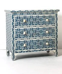 Navy Blue Bone Inlay 3 Drawer Chest front view