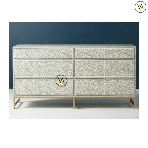 Bone Inlay Chest of 6 Drawers in Leaf Pattern in Grey