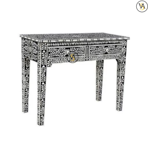 Black Bone Inlay 2 Drawer Floral Console Table