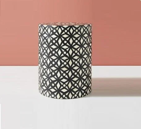 Bone Inlay Black Geometric Design Side Table | Stool - Image 2