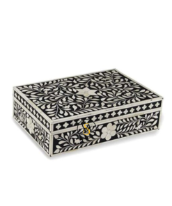 Elegant Classic Black Floral Pattern Bone Inlay Handmade Box