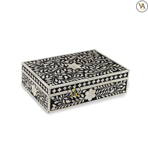 Elegant Classic Black Floral Pattern Bone Inlay Handmade Box