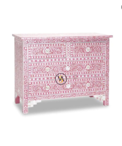Handmade Floral Design Indian Mother of Pearl Inlay 4 Drawers Chest in Soft Pink