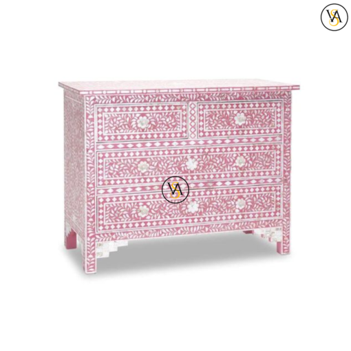 Handmade Floral Design Indian Mother of Pearl Inlay 4 Drawers Chest in Soft Pink