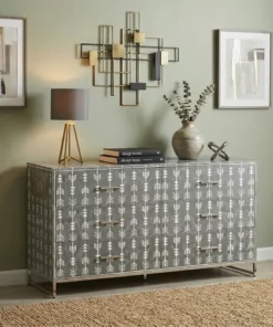 Grey Bone Inlay Sideboard Arrow Design placed in luxury living room with wall decor & lamp