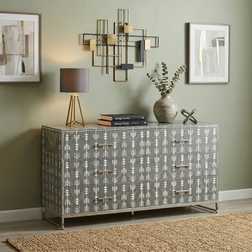 Grey-bone-inlay-6-drawer-sideboard (1) Grey Bone Inlay Sideboard Arrow Design placed in luxury living room with wall decor & lamp