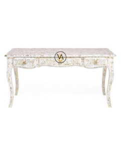 Mother Of Pearl Inlaid Long White Curved Writing Desk