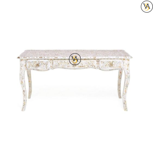 Mother Of Pearl Inlaid Long White Curved Writing Desk