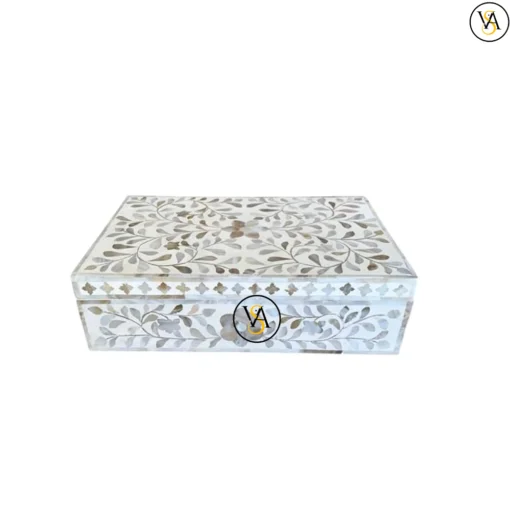 Mother of Pearl Inlay White Floral Jewelry Storage Box - Image 2
