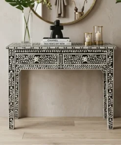Black Bone Inlay 2 Drawer Floral Desk , Console Table with storage