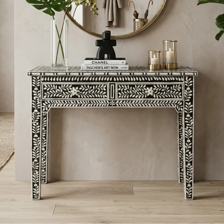 Black Bone Inlay 2 Drawer Floral Desk , Console Table with storage