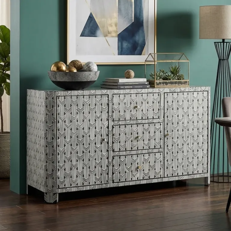 Black Bone Inlay 3 Drawer 2 Door Buffet Sideboard in Dining room