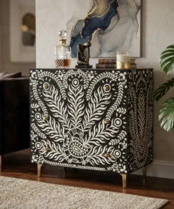 Black bone inlay 3 drawer dresser peacock design placed in modern living room with sofa, tree plant and other home decor items