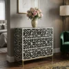 Black Bone Inlay Abstract 3 Drawer Chest Dresser styled in suite room with rose flower vase