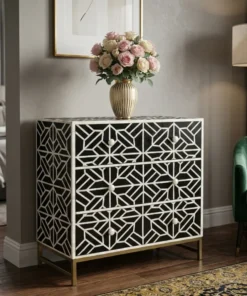 Black Bone Inlay Abstract 3 Drawer Chest Dresser styled in suite room with rose flower vase