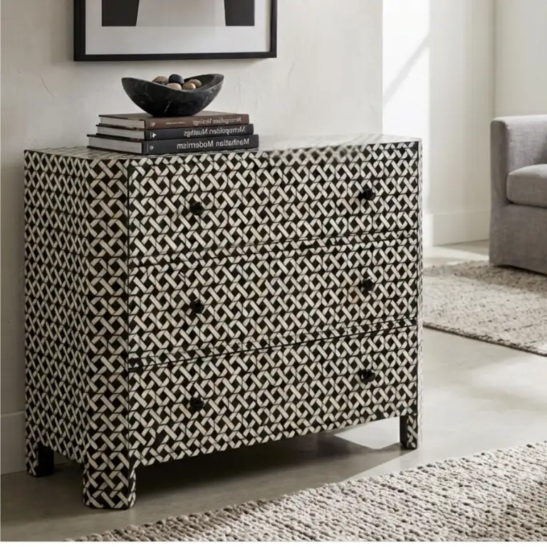 black-bone-inlay-chest-of-3-drawers (1) Black Bone Inlay 3 Drawer Dresser is designed for modern homes