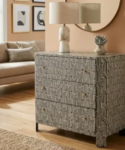 Black Bone Inlay Chest of 3 Drawers for bedroom storage by Vinayak Handicraft.