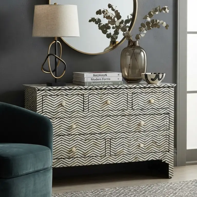 Black Bone Inlay Chest of 7 Drawer Dresser