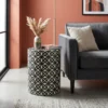 Bone Inlay Black Geometric Design Side Table for modern living room with grey sofa and vase decor.