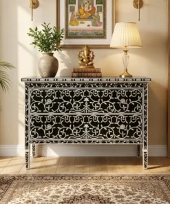Handcrafted black mother of pearl inlay 2 drawer chest featuring intricate shell inlay placed in indian style living room