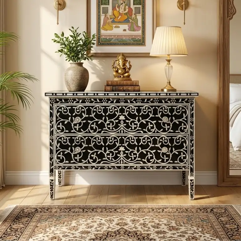 black-mother-of-pearl-inlay-2-drawer-chest Handcrafted black mother of pearl inlay 2 drawer chest featuring intricate shell inlay placed in indian style living room