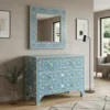 Handmade Blue Bone Inlay 4 Drawer Chest Modern Dresser placed in modern living room with bone inlay wall mirror and decor items