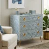 Bone Inlay Chest Of 3 Drawers Stripe Blue With Brass Legs in modern living room with sofa
