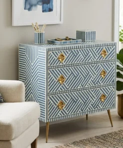 Bone Inlay Chest Of 3 Drawers Stripe Blue With Brass Legs in modern living room with sofa