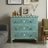 Turkish blue bone inlay 3 drawer chest set in modern living room with sofa and chair with decor items