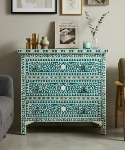 Turkish blue bone inlay 3 drawer chest set in modern living room with sofa and chair with decor items