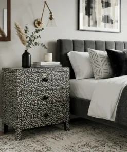 Bone Inlay Bedside In Black Nest Pattern in modern bedroom with bed and decor